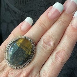 Tigers Eye large gemstone silver adjustable ring